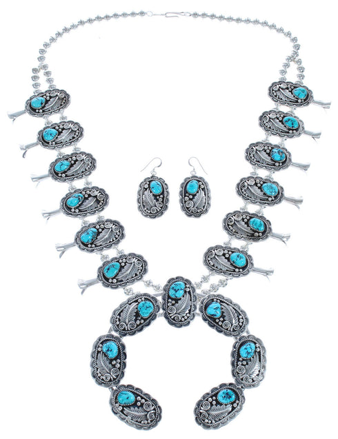 Navajo Sterling Silver Scalloped Leaf Turquoise Squash Blossom Necklace Set RX119043